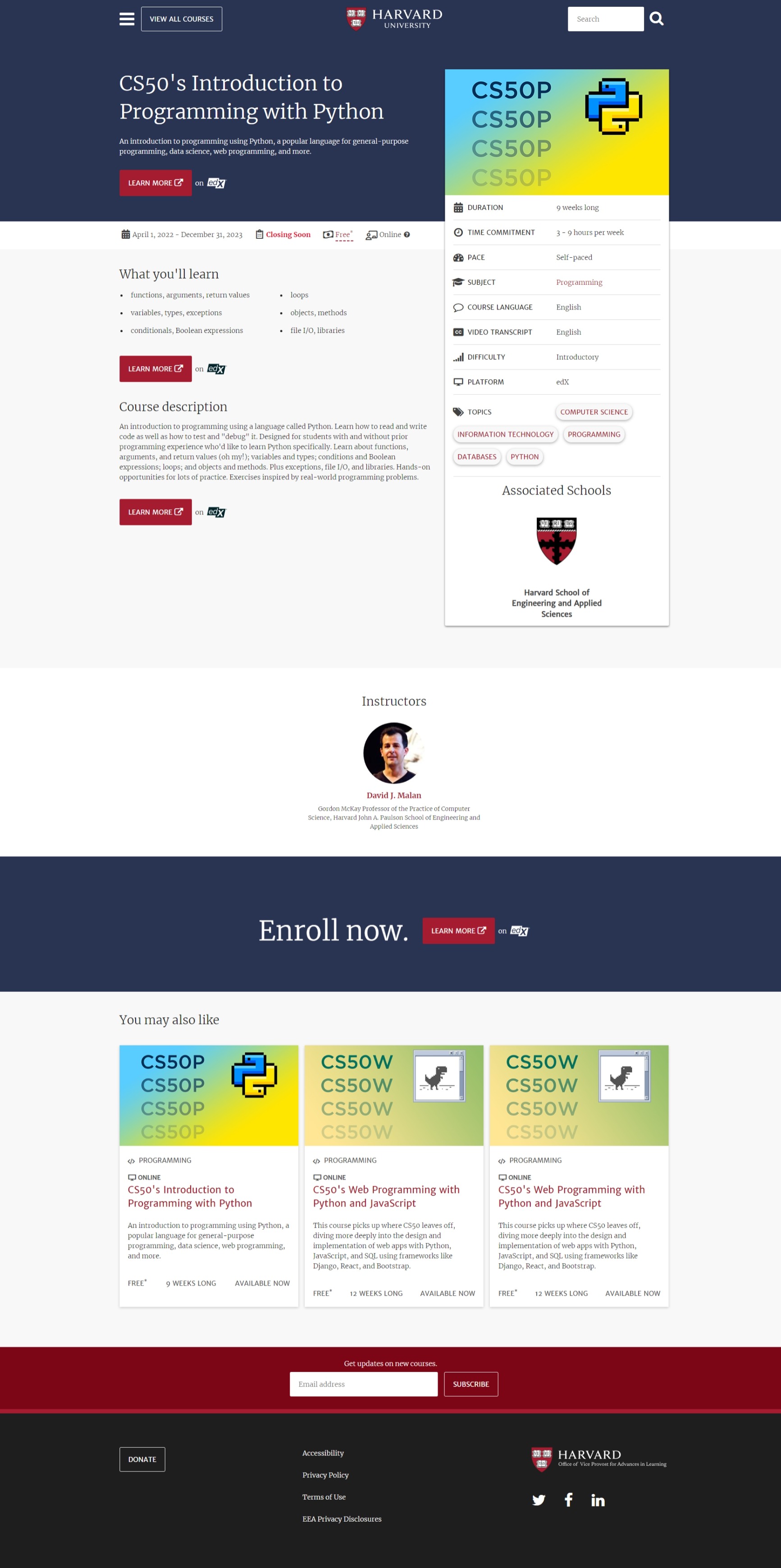 This is a screenshot of the landing page of CS50 Free Havard University Course